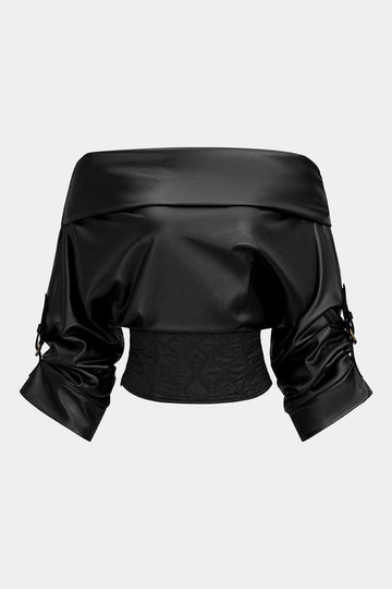 Faux Leather Quilted Patchwork Off Shoulder Long-Sleeve Shirt