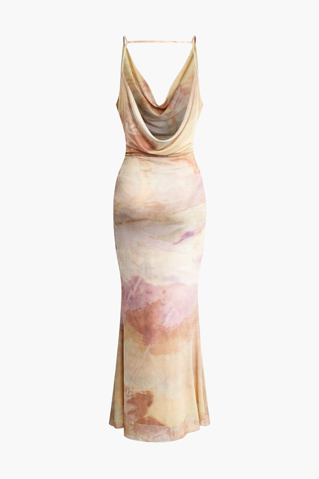 Abstract Print Cowl Neck Ruched Backless Slip Maxi Dress