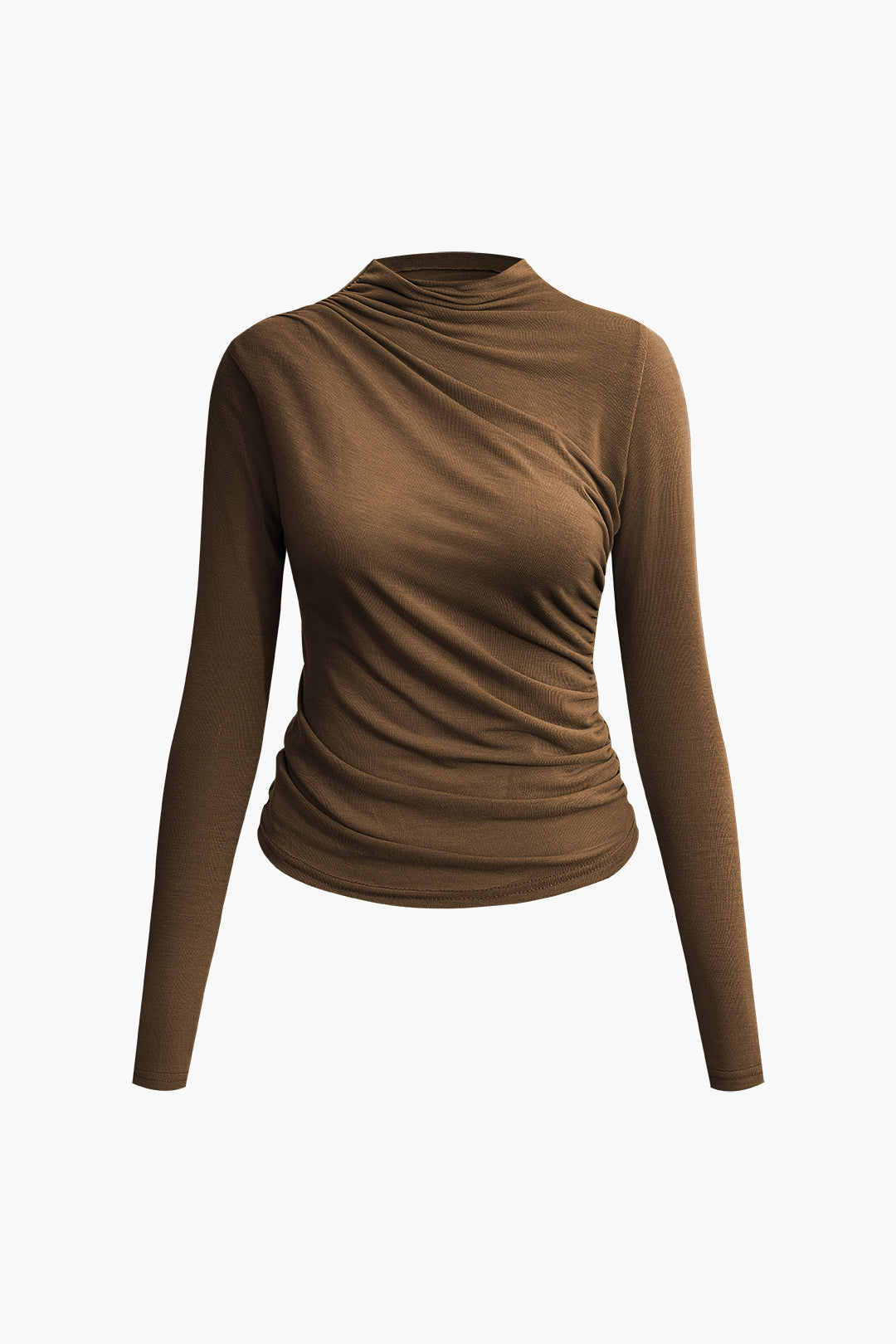 Solid Mock Neck Ruched Long Sleeve Top