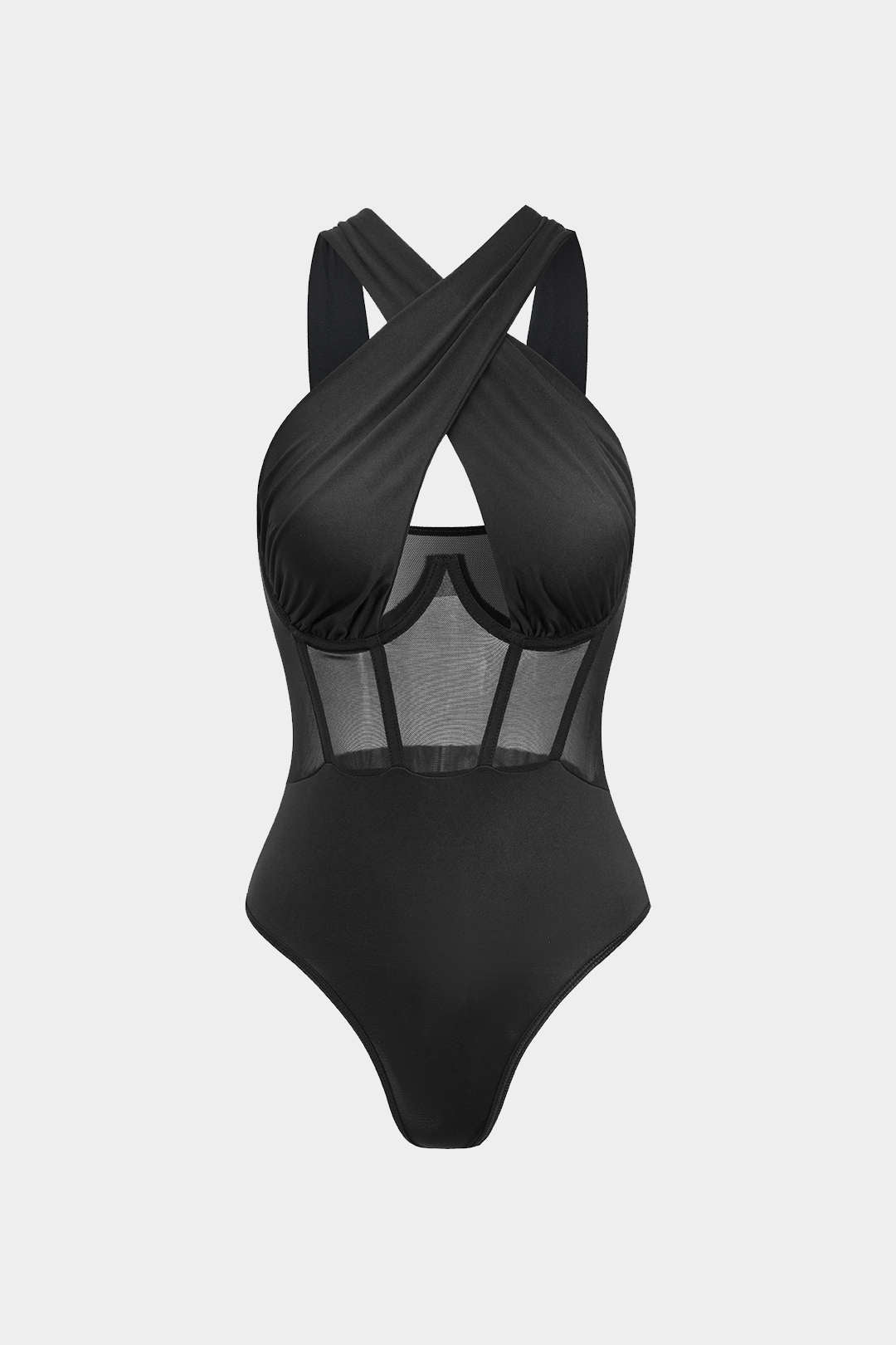 Bloßes Mesh Patchwork Korsett Bodysuit