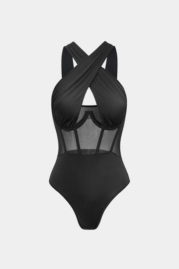 Pure mesh patchwork korset bodysuit