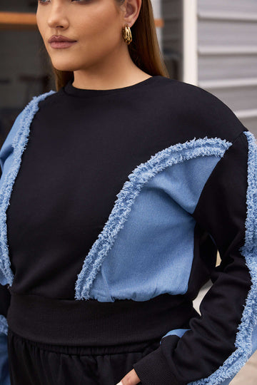 Patchwork plus taille de taille plus à manches longues et à taille haute les pantalons à jambe large de taille haute