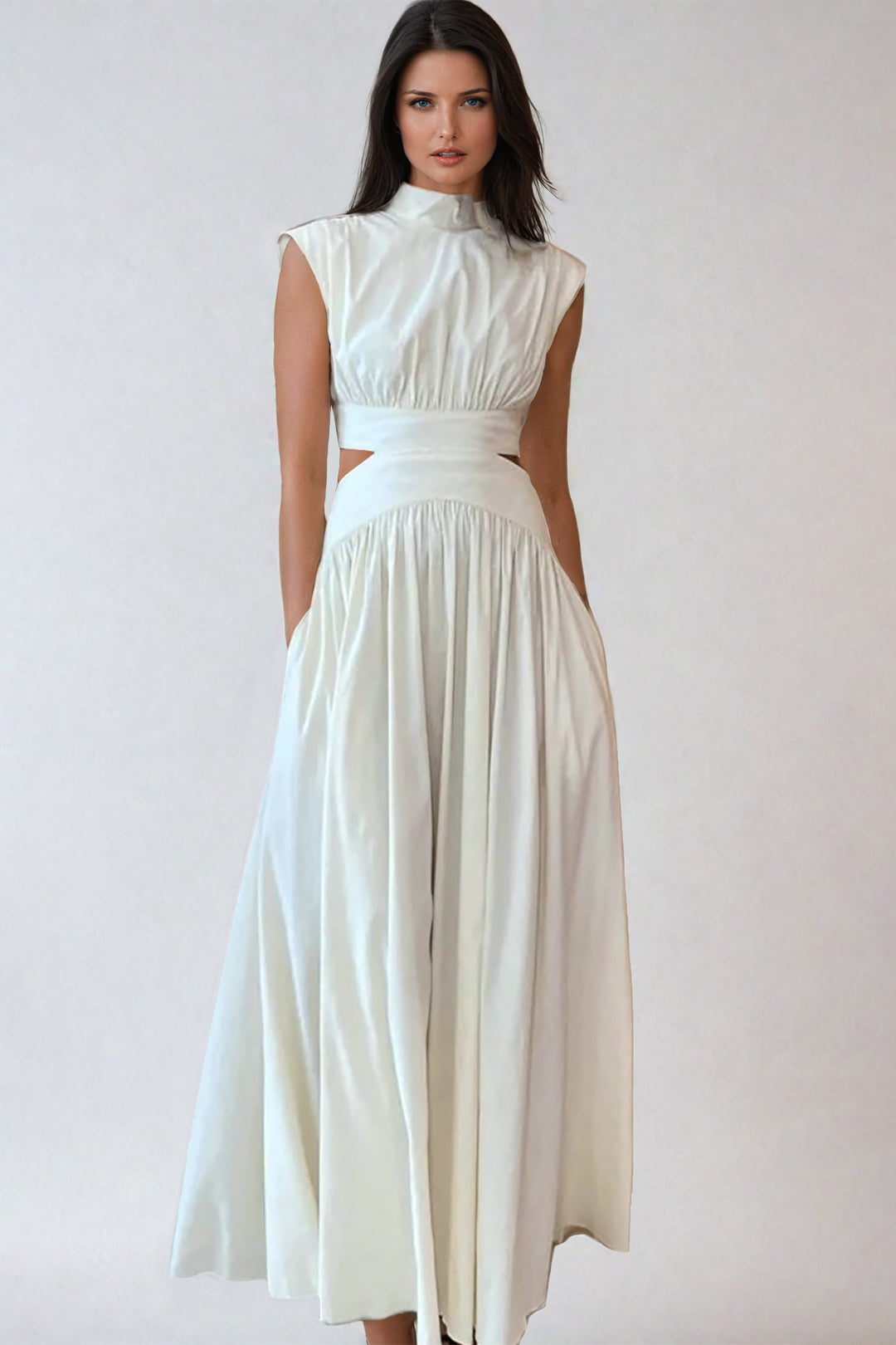 Mock Neck Cut Out Pleated Maxi Dress