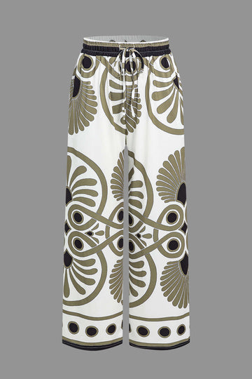 Broek met wijde pijpen en trekkoord met abstracte print