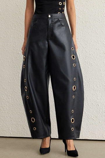 Faux Leather Metallic Zipper Hollow Out Ring Trousers