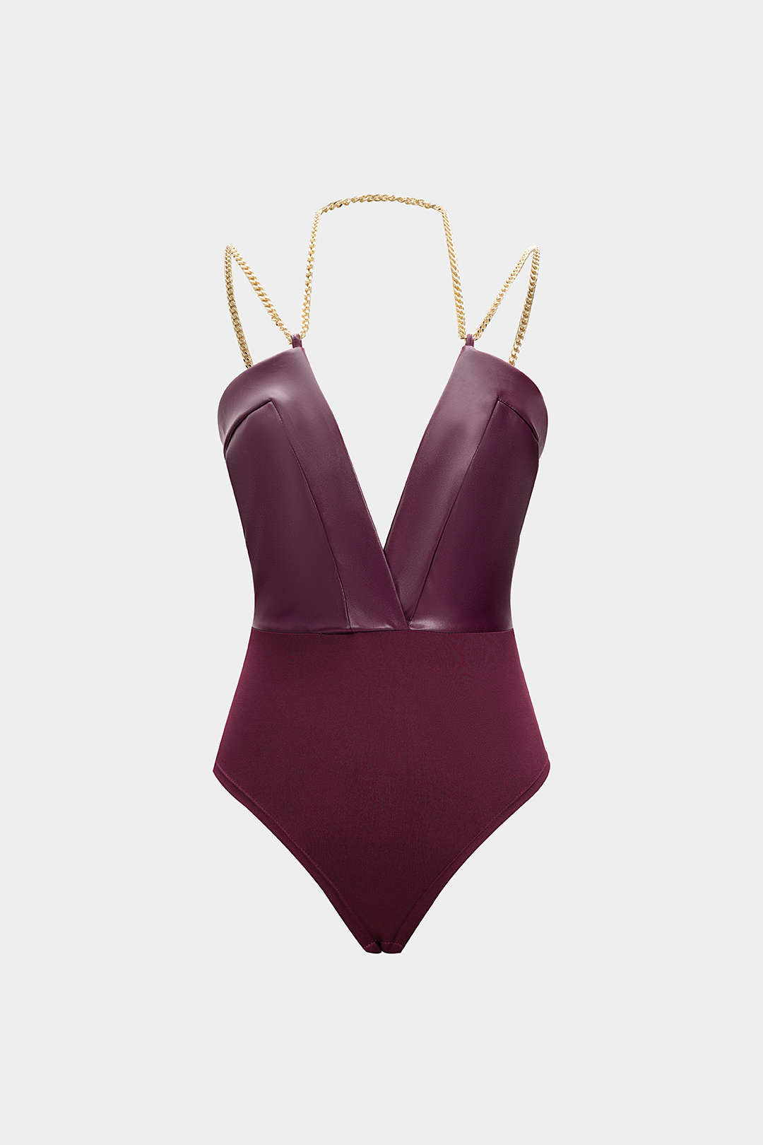 Faux Leather Chain Patchwork Sleeveless V-Neck Bodysuit