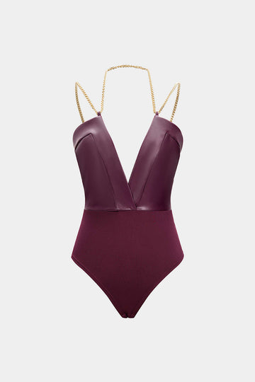 Faux Leather Chain Patchwork Sleeveless V-Neck Bodysuit