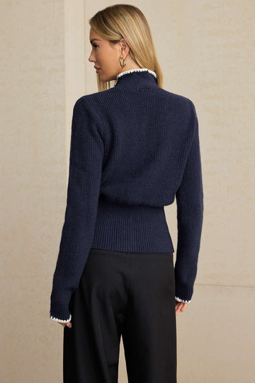 Knit Contrast Button Tie-Up Cardigan