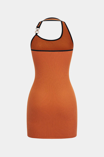 Halter Neck Contrast Binding Metallic Decor Sleeveless Mini Dress