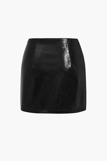 Solid Pu Button Asymmetrical Skirt