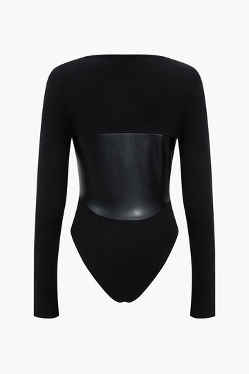 Faux Leather Long Sleeve Patchwork Bodysuit