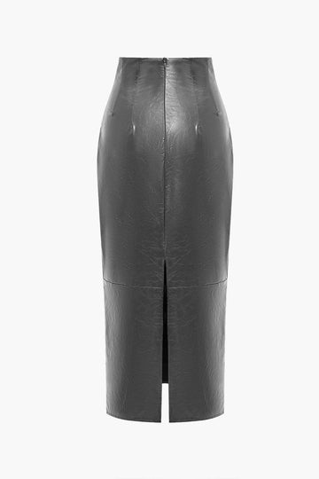 Basic Solid Faux Leather Midi Skirt