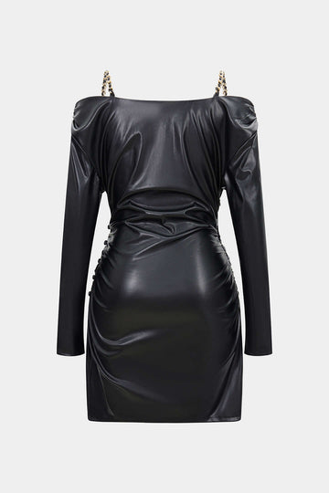 Faux Leather Chain Off Shoulder Long Sleeve Mini Dress