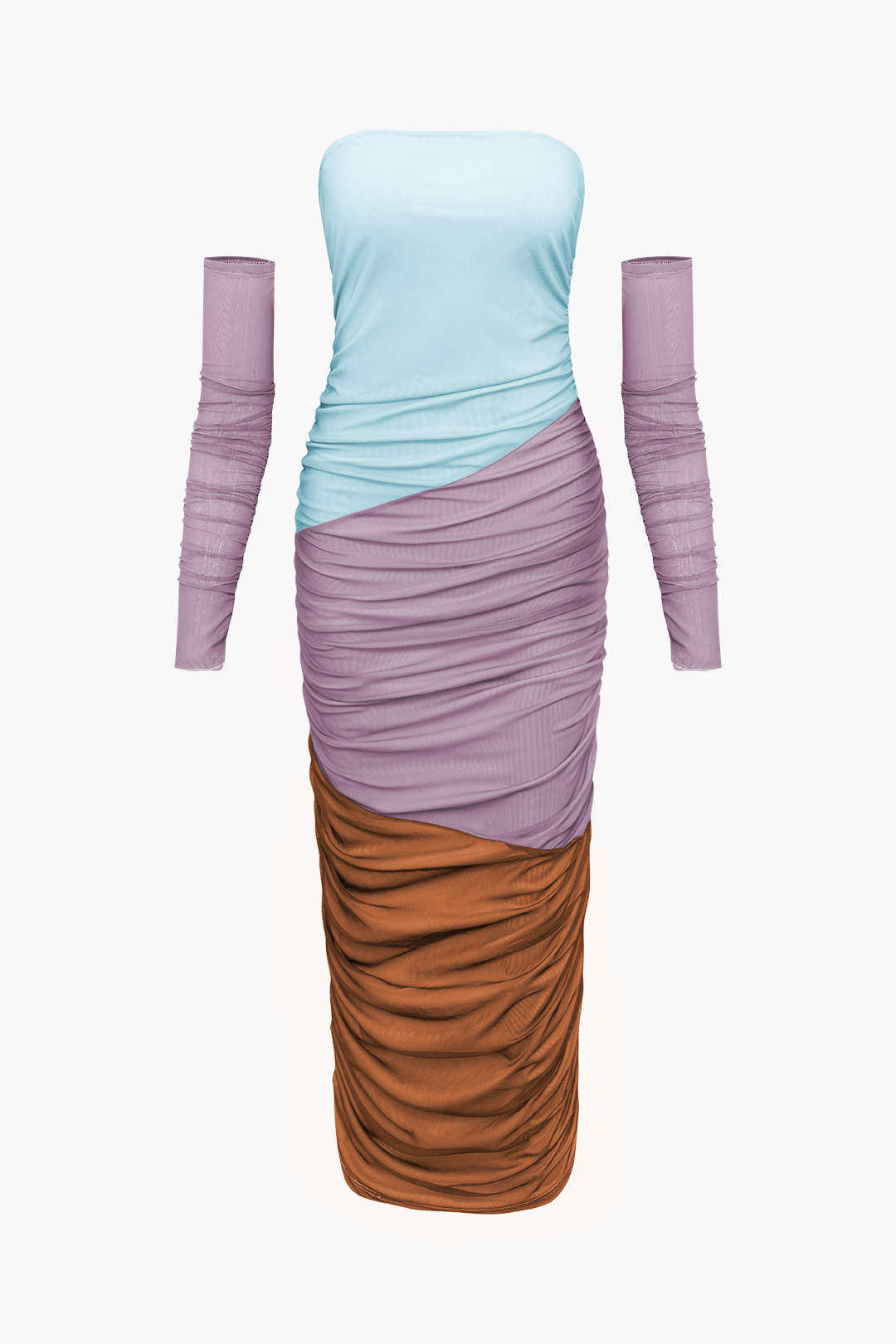 Colorblock Ruched Strapless Maxi Dress With Sleeves