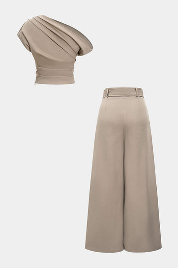 Ruched Asymmetrical Top And Belted Wide Leg Trousers Set