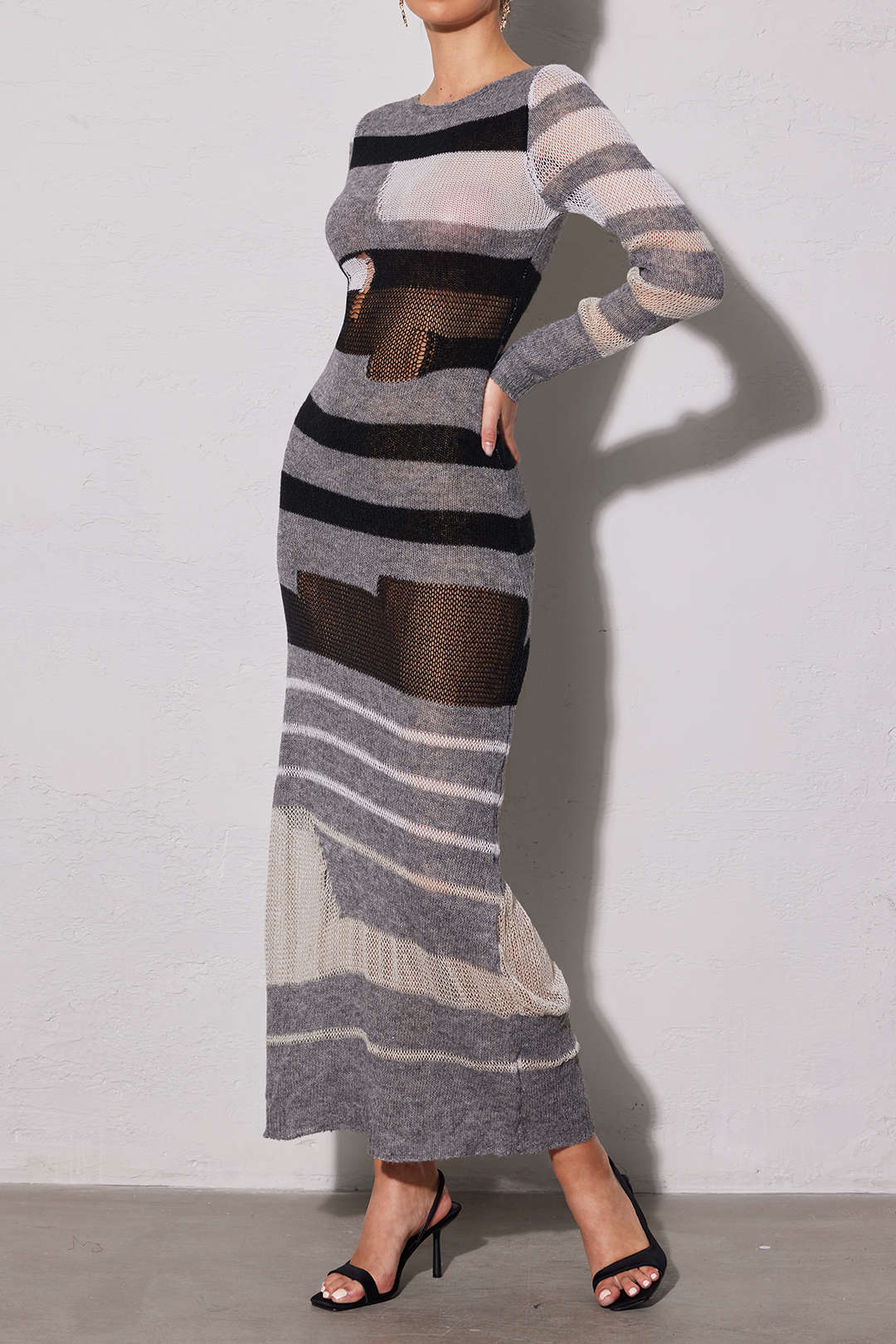 Contrast Long Sleeve Round Neck Open Knit Maxi Dress