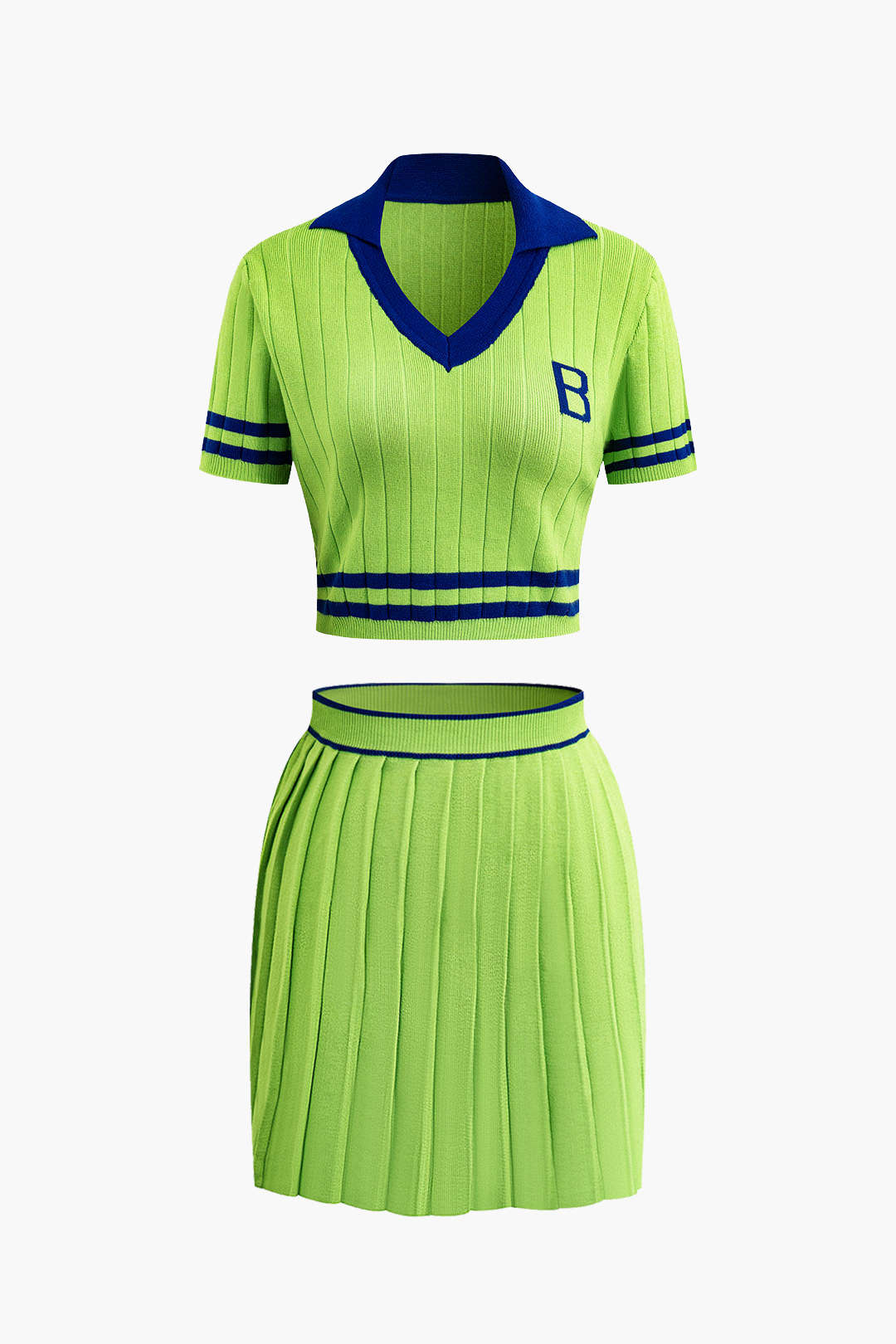 Lime Green and Navy Preppy Knit Tennis Dress with Pleated Skirt Set