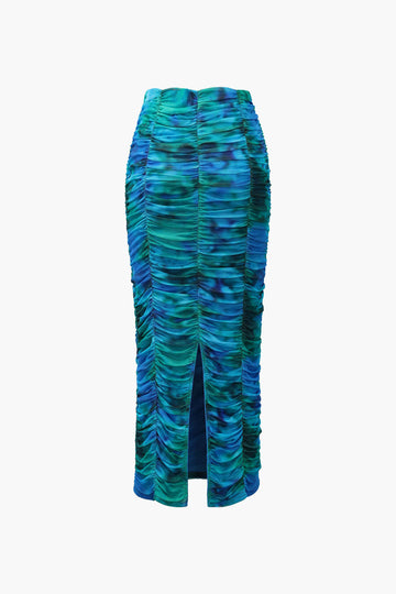 Abstract Print Gathered Slit Midi Skirt