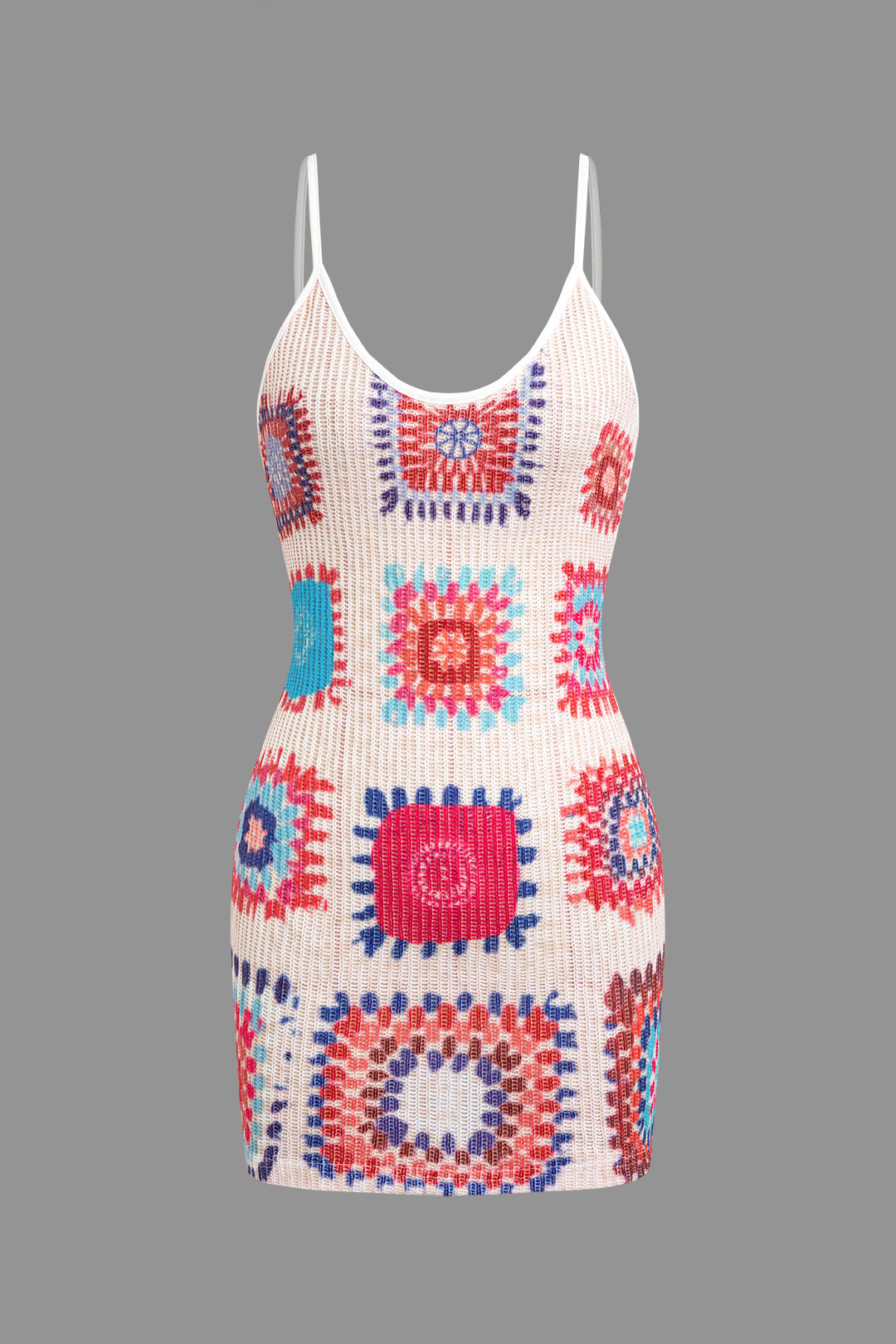 Geometric Pattern Knit Spaghetti Strap Mini Dress
