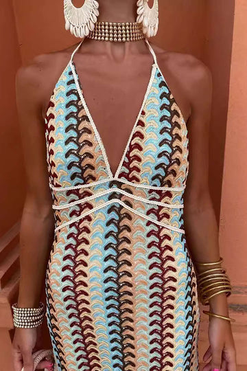 Striped Crochet Halter V-neck Backless Slip Maxi Dress