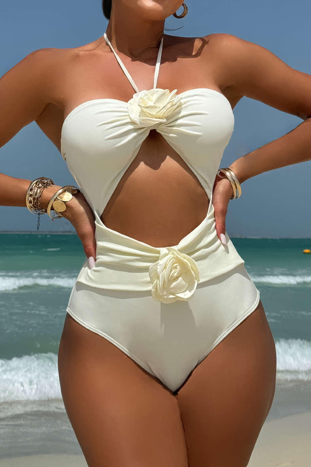 Maillot de bain à nouer et découpe florale 3D, contrôle du ventre