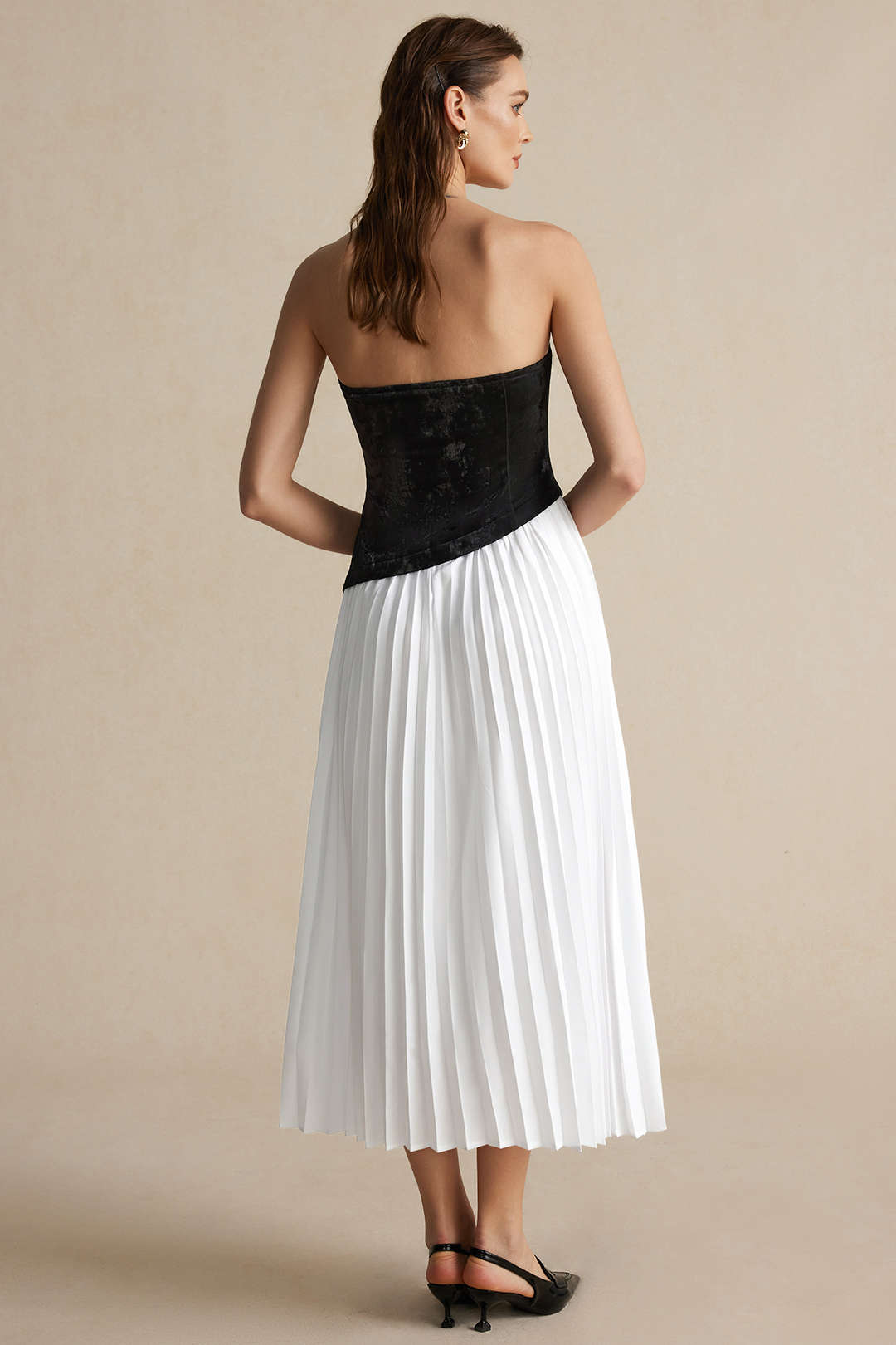 Solid Patchwork Pleated Asymmetrical Maxi Dress