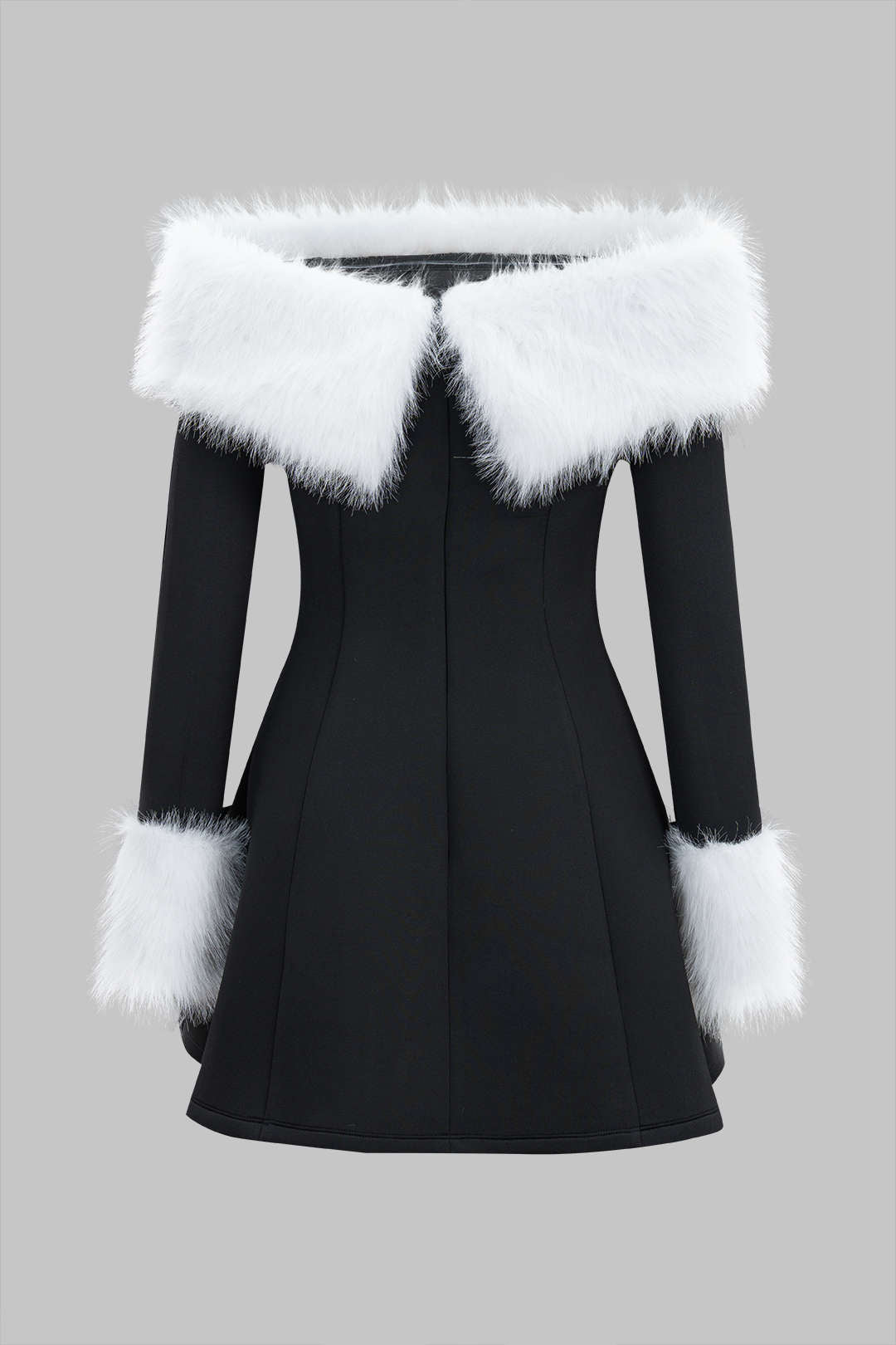 Fur Trim Patchwork Off-Shoulder Button Long Sleeve Mini Dress