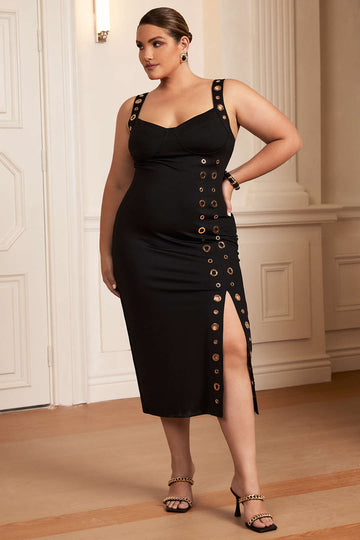 Plus Size Metallic Eyelet High Slit Sleeveless Maxi Dress