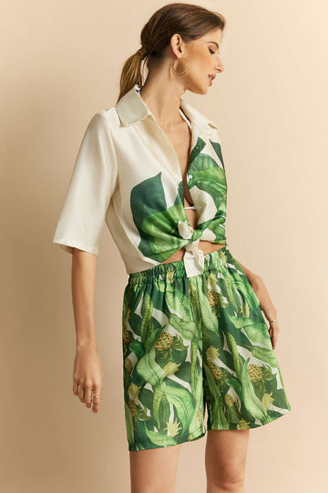 Leaves Print Satin Button Short-Sleeve Top