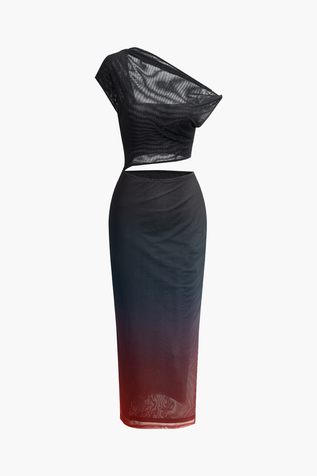 Ombre Cut Out Asymmetrical Mesh Slit Midi Dress