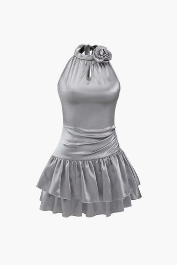 Rose Satin Halter Ruffle Hem Mini Dress