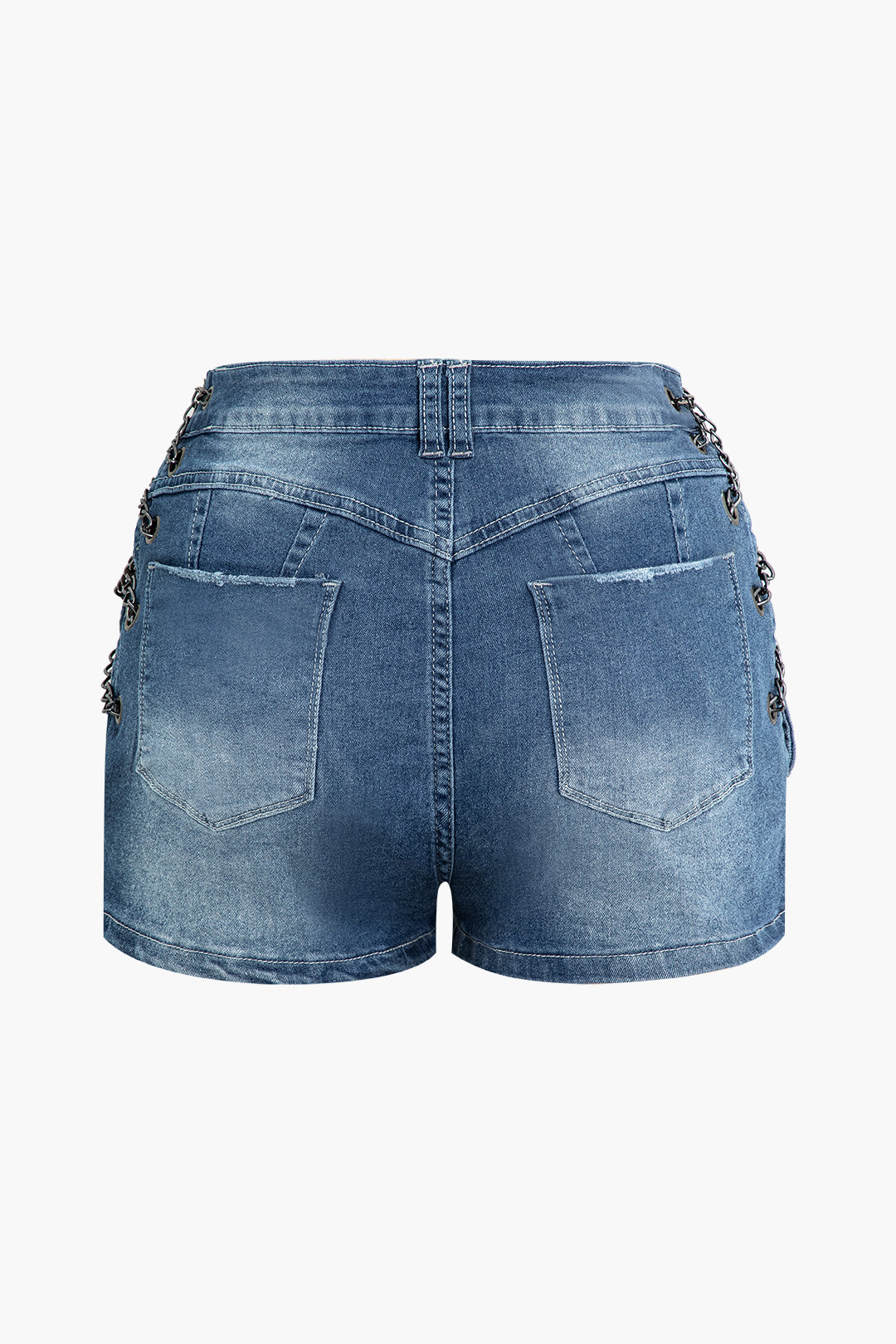 Faded Destroyed Chain Detail Denim Shorts