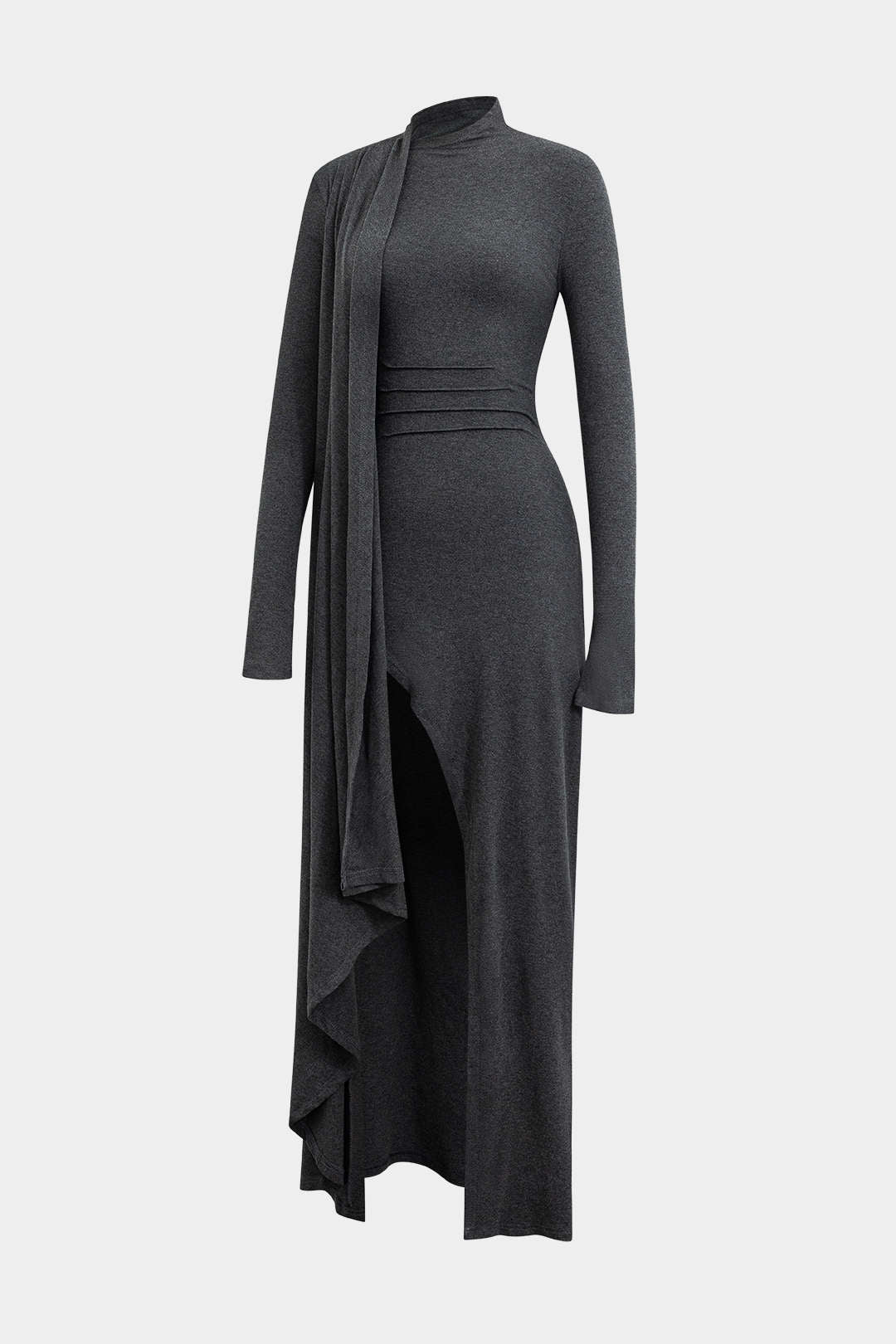 Mock Neck Wrap Ruched Kmiem twal Slit Maxi Dress