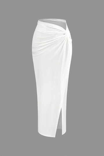 V-neck Drawstring Crop Top And Knot Side Slit Skirt Set