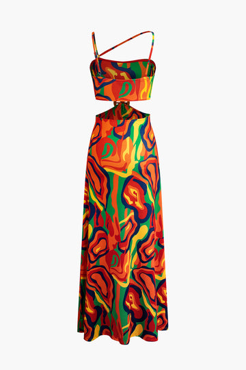 Abstract Print Ring Detail Cut Out Maxi Dress