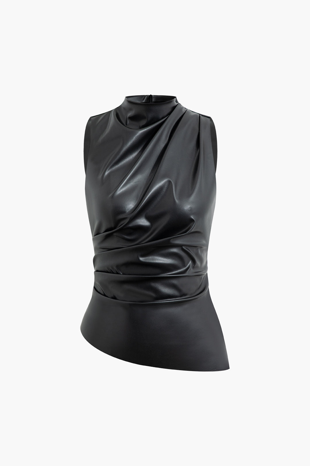 Asymmetrical Hem Faux Leather Mock Neck Ruched Sleeveless Top