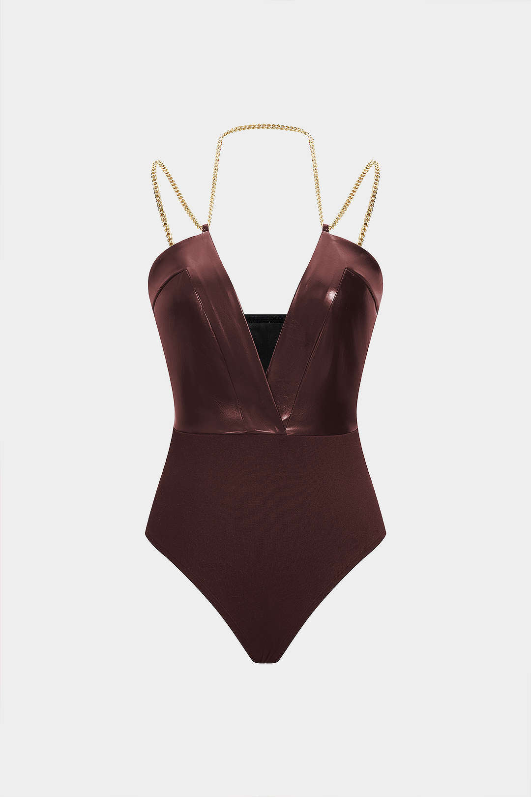 Faux Leather Chain Patchwork Sleeveless V-Neck Bodysuit