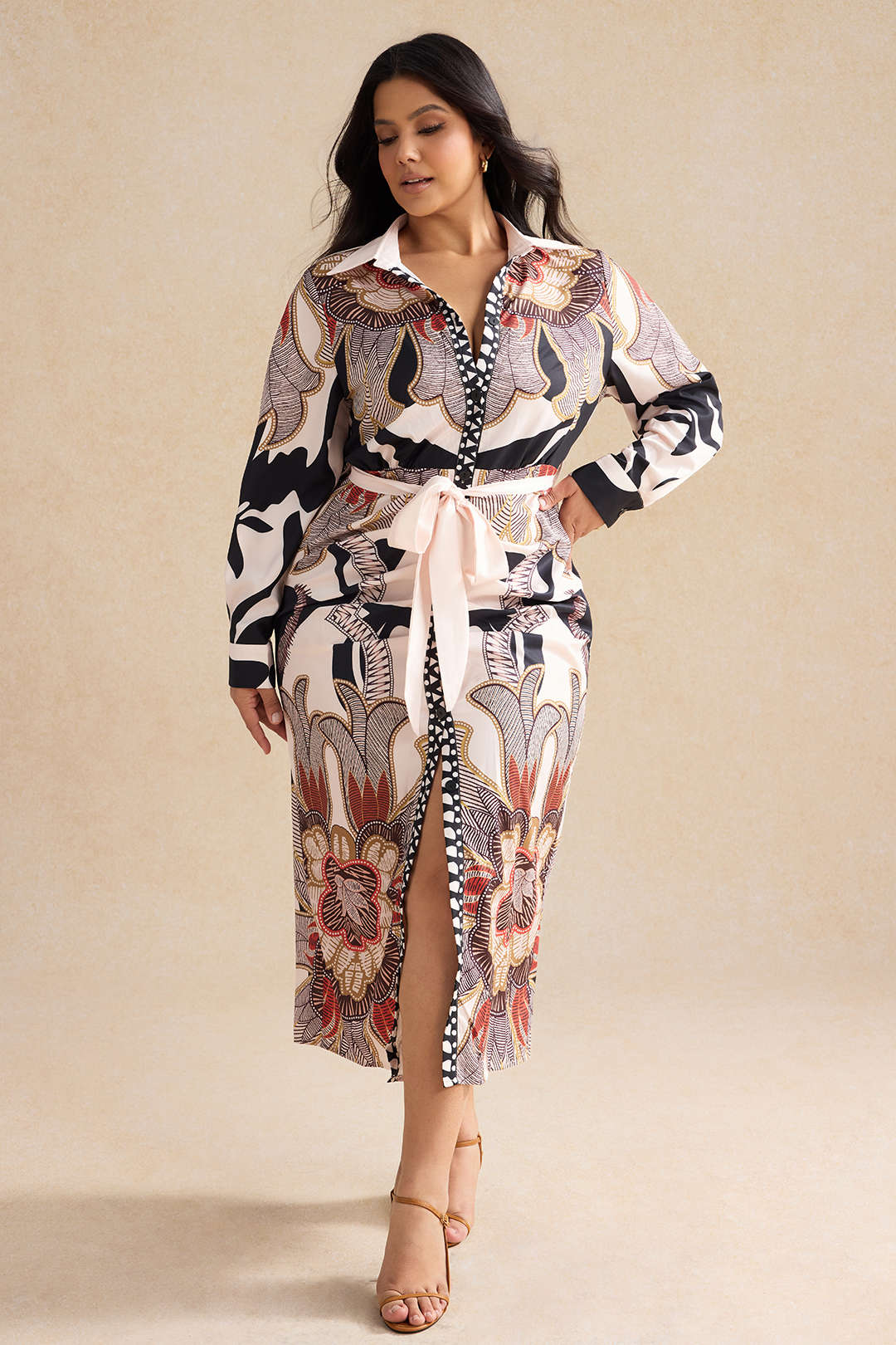 Plus Size Baroque Print Long Sleeve Tie Up Ruched Midi Dress