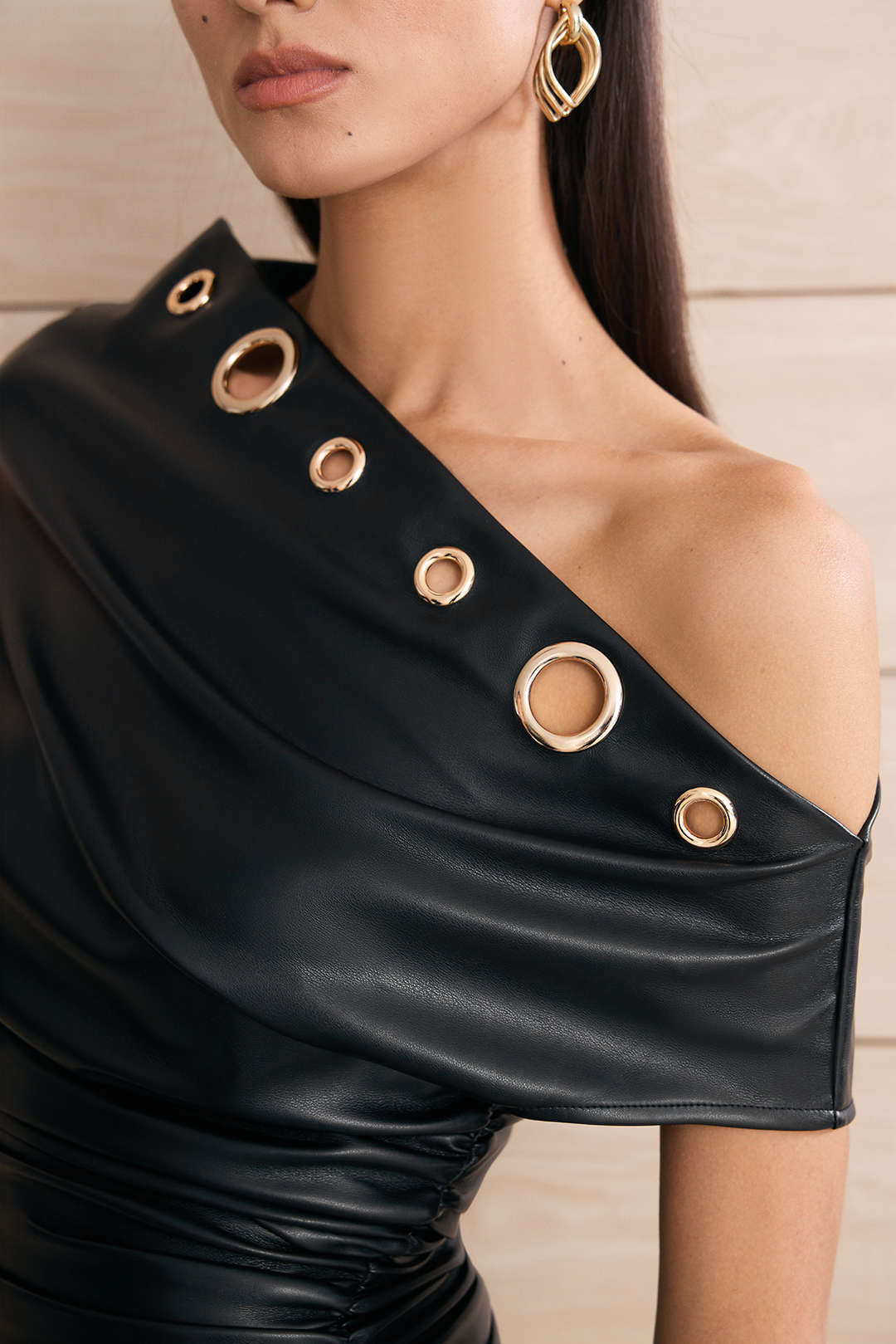 Faux Leather Metallic Eyelet Ruched One Shoulder Mini Dress