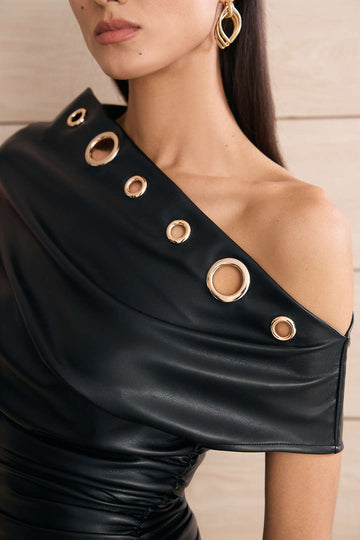 Faux Leather Metallic Eyelet Ruched One Shoulder Mini Dress