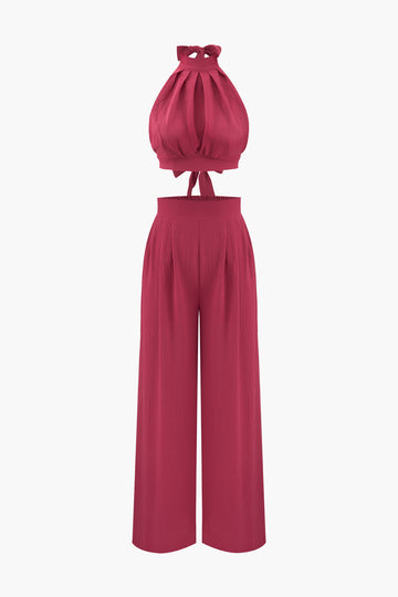 Halter Neck Backless Top And Pleated Pants Set