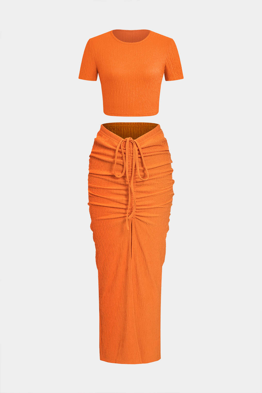 Textured Crop Top And Drawstring Ruched Skirt Set