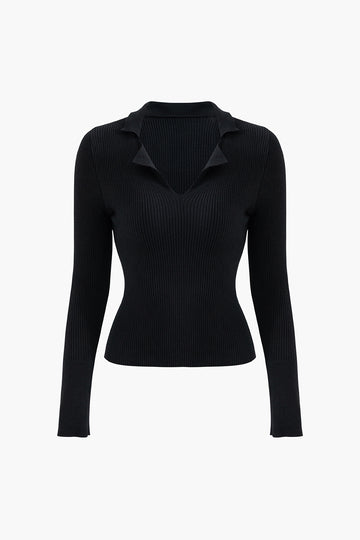 Solid Lapel V-neck Long Sleeve Knit Top