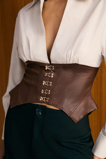 Faux Leather Linen Metallic Patchwork Long-Sleeve Shirt