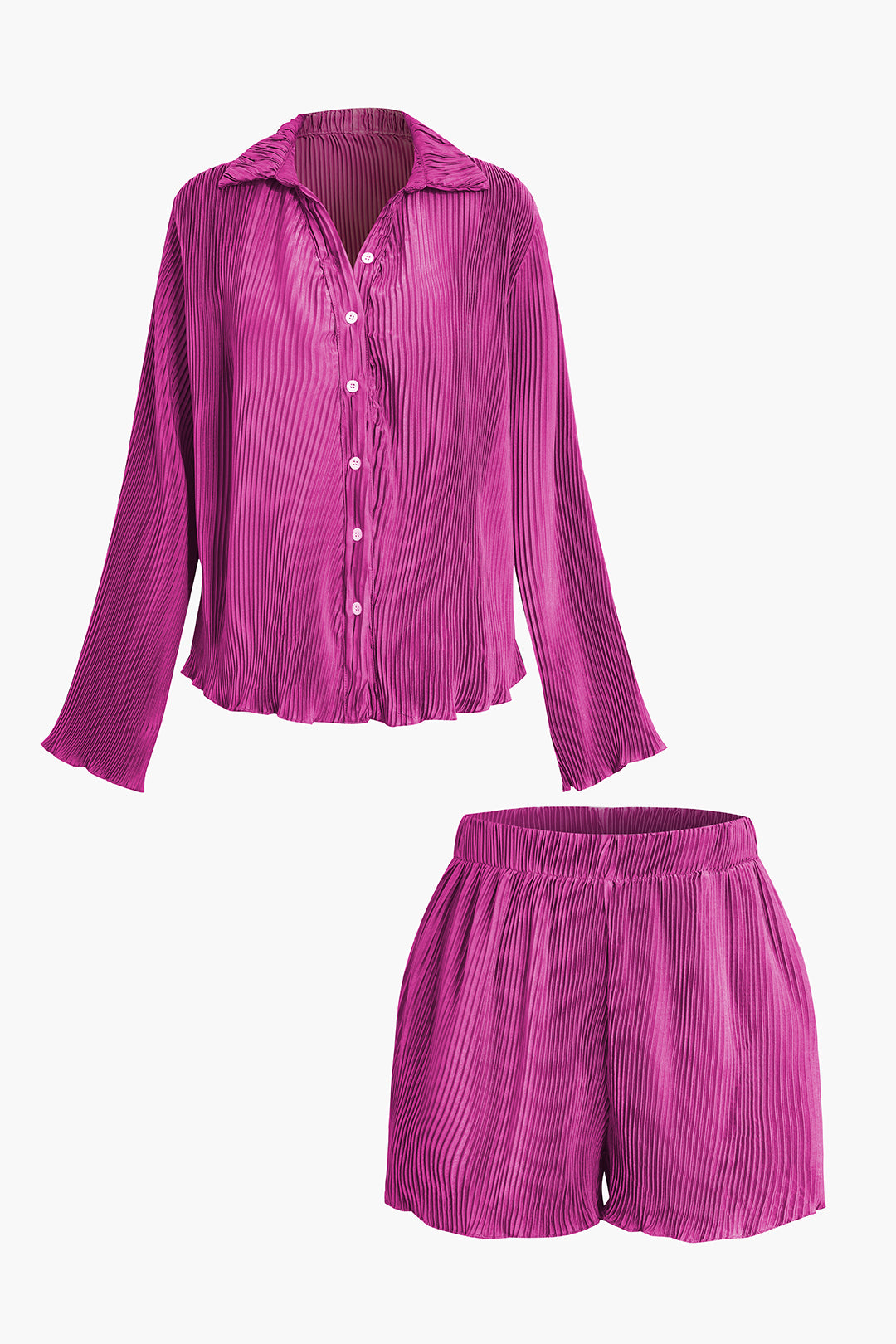 Pleated Button-Up Shirts And Shorts Set