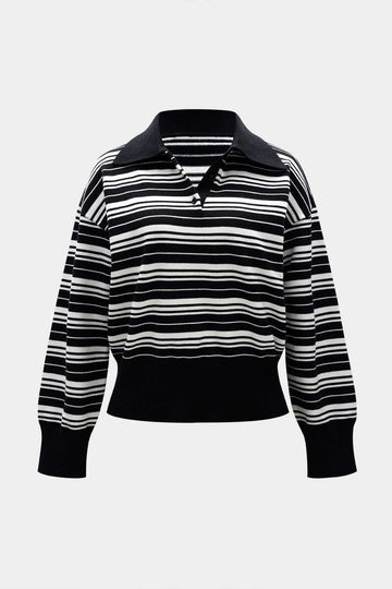 Stripe Print Contrast Polo Collar Long Sleeve Sweatshirt
