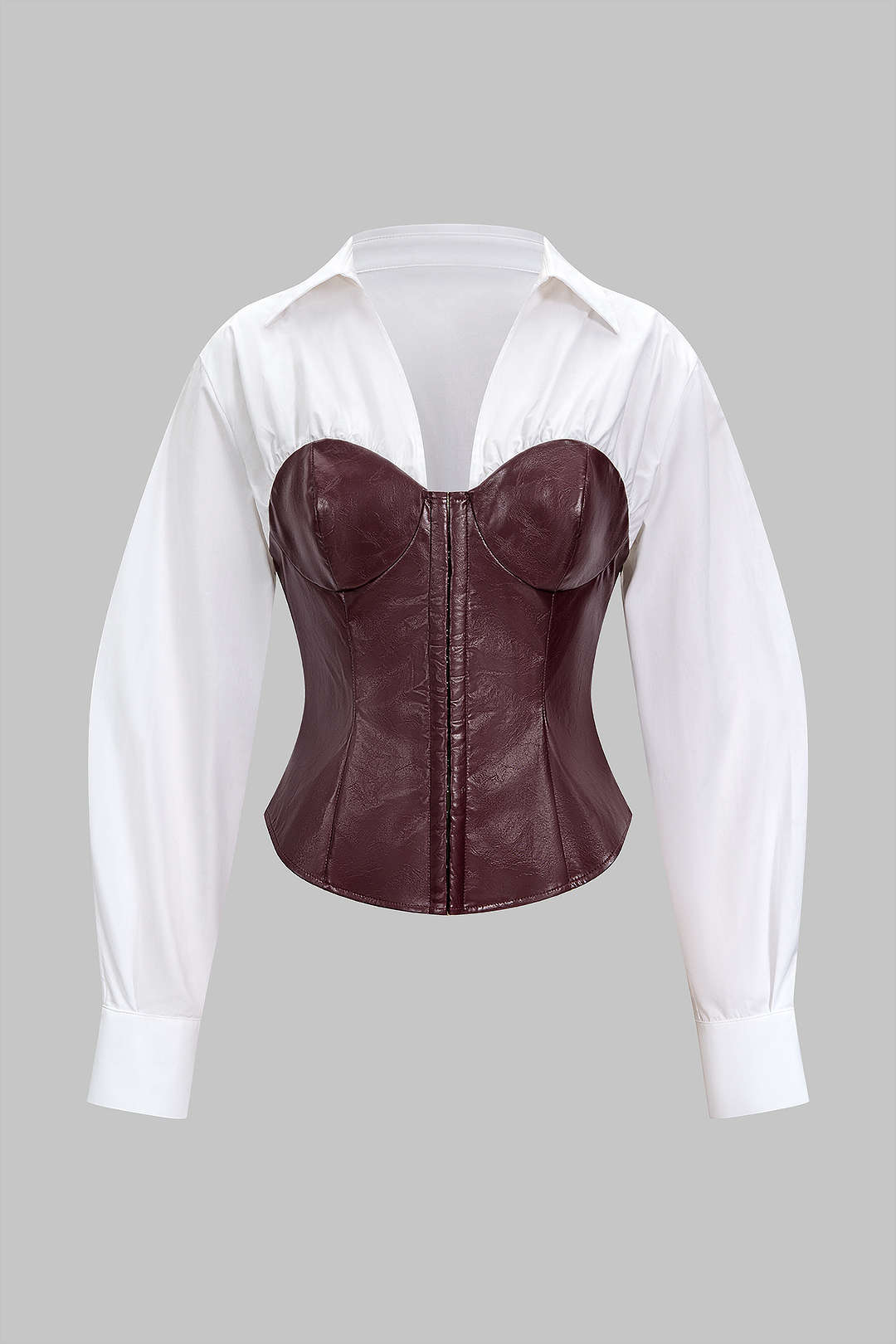 Faux Leather Patchwork Hook And Eye Waist-Cinching Long-Sleeve Shirt