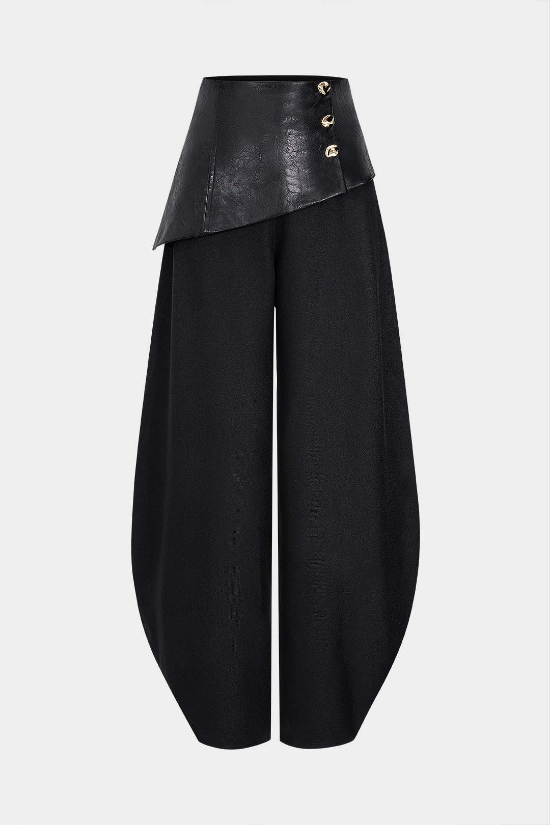 Faux Leather Metallic Asymmetrical Patchwork Trousers