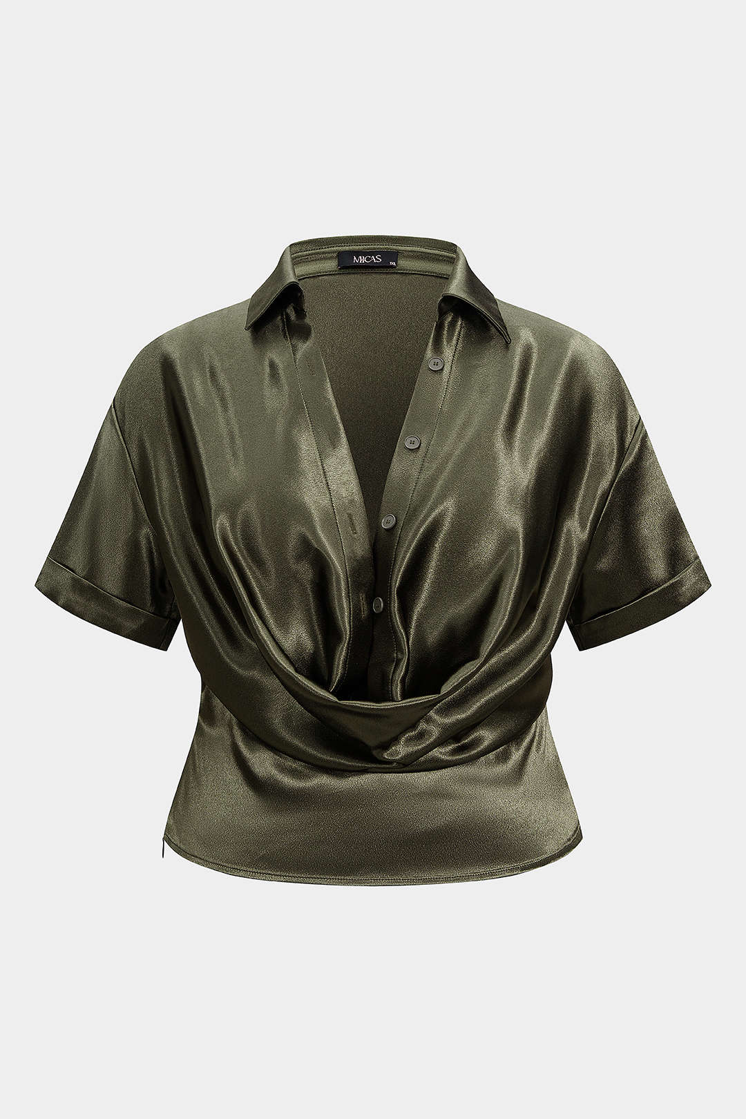 Plus Size Satin Button Draped Cowl Neck Short-Sleeve Top