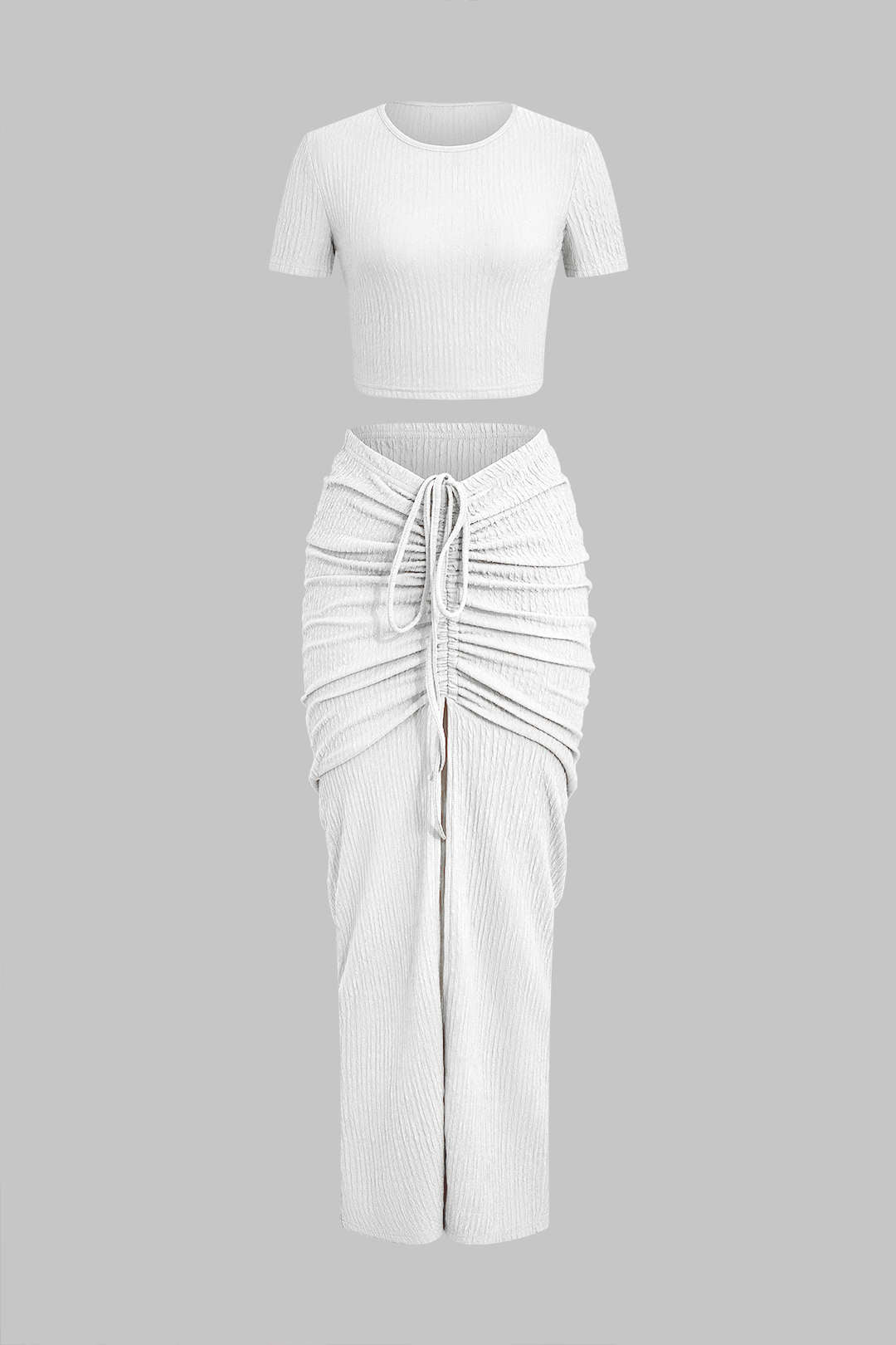 Textured Crop Top And Drawstring Ruched Skirt Set